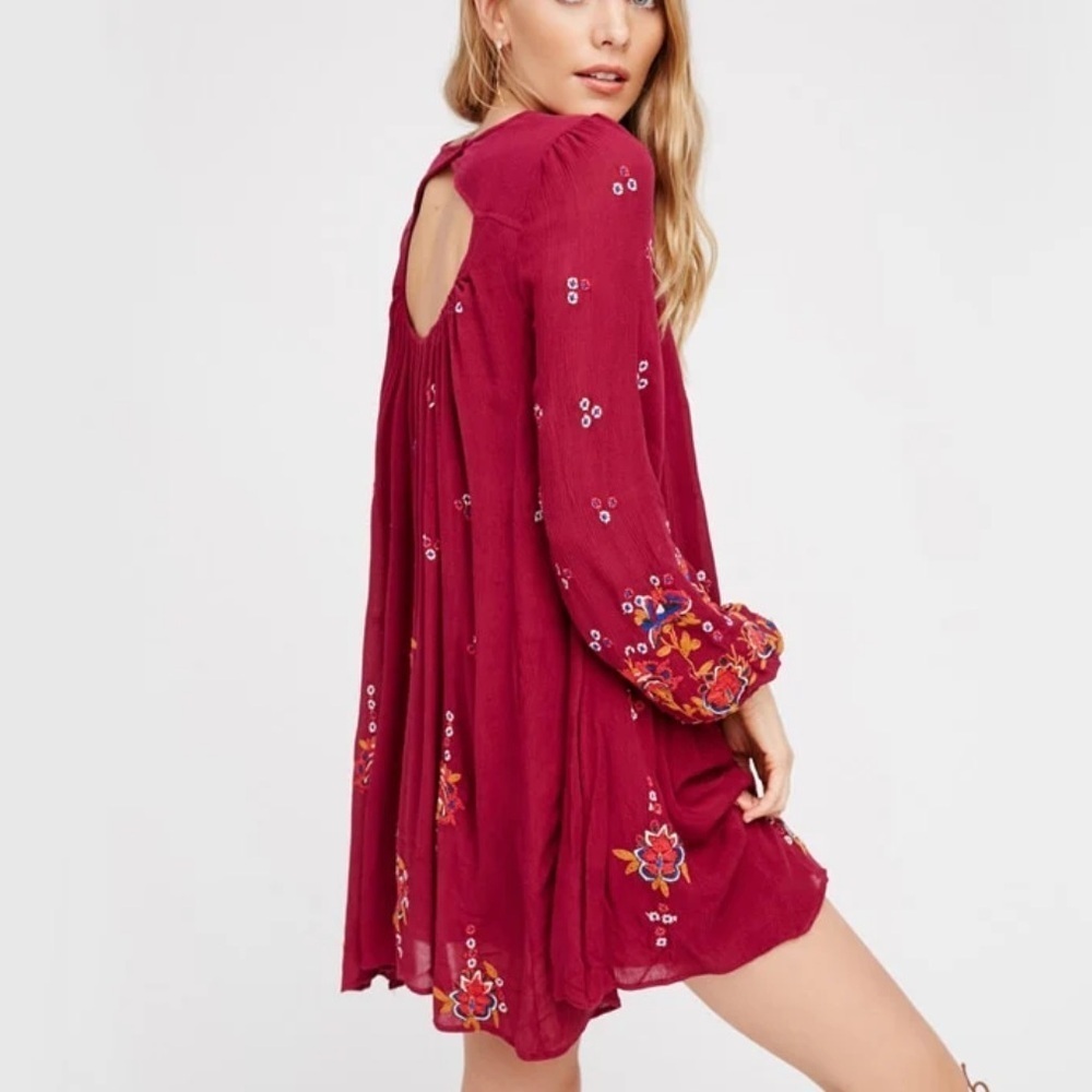 Free People Tunic Dress Boho Embroidered Lined Burgundy Oversized Pockets Sz M - Picture 3 of 15